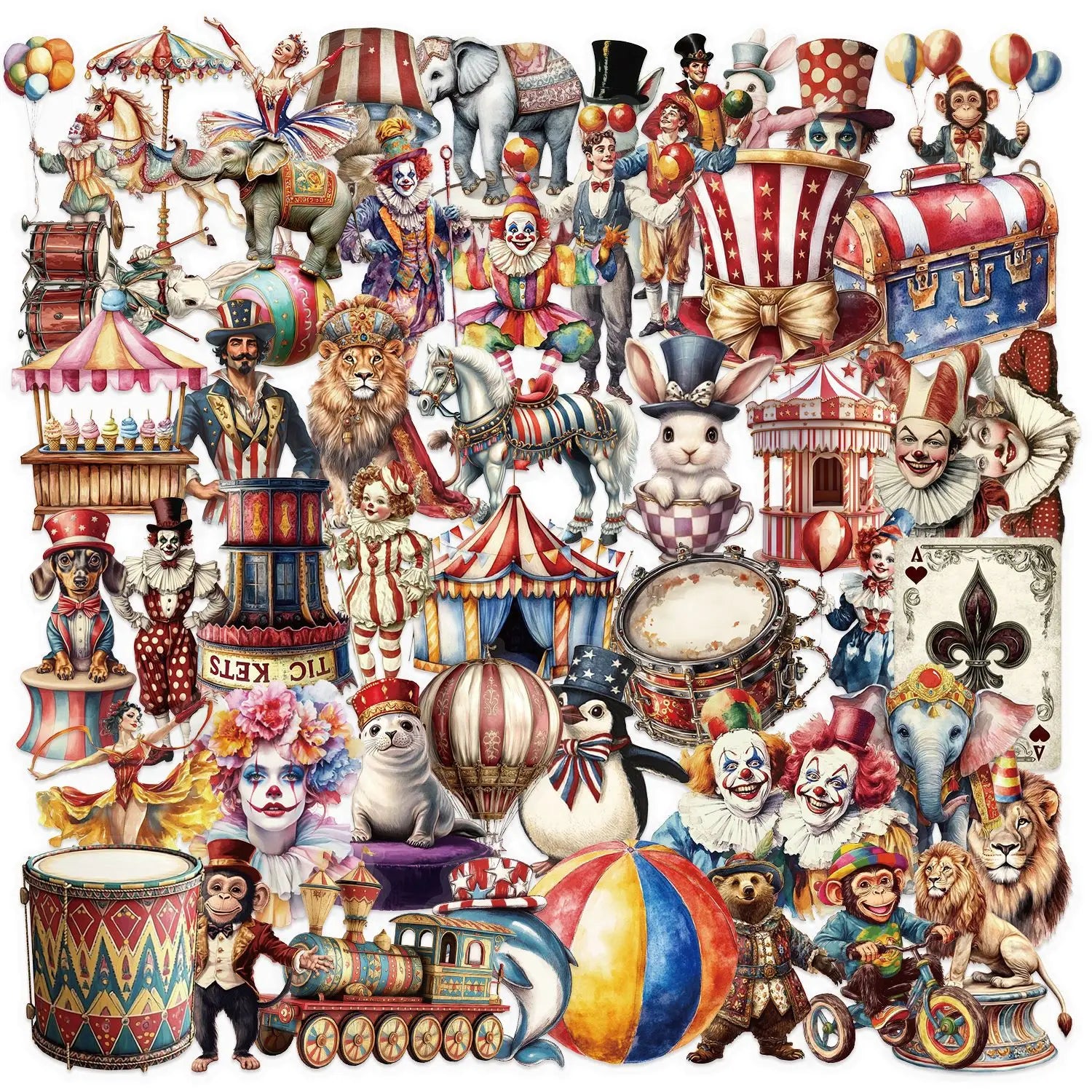 50/100PCS Transparent PET Cartoon Circus Sticker Pack Waterproof Transparent Decorative Guitar Notebook Stationery Stickers