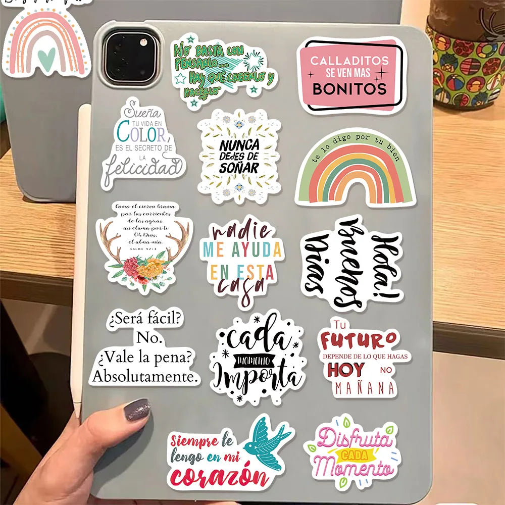 55PCS Inspirational Spanish Handmade DIY Phone Cases Laptops Water Bottles Refrigerators Desktop Labels Waterproof Stickers