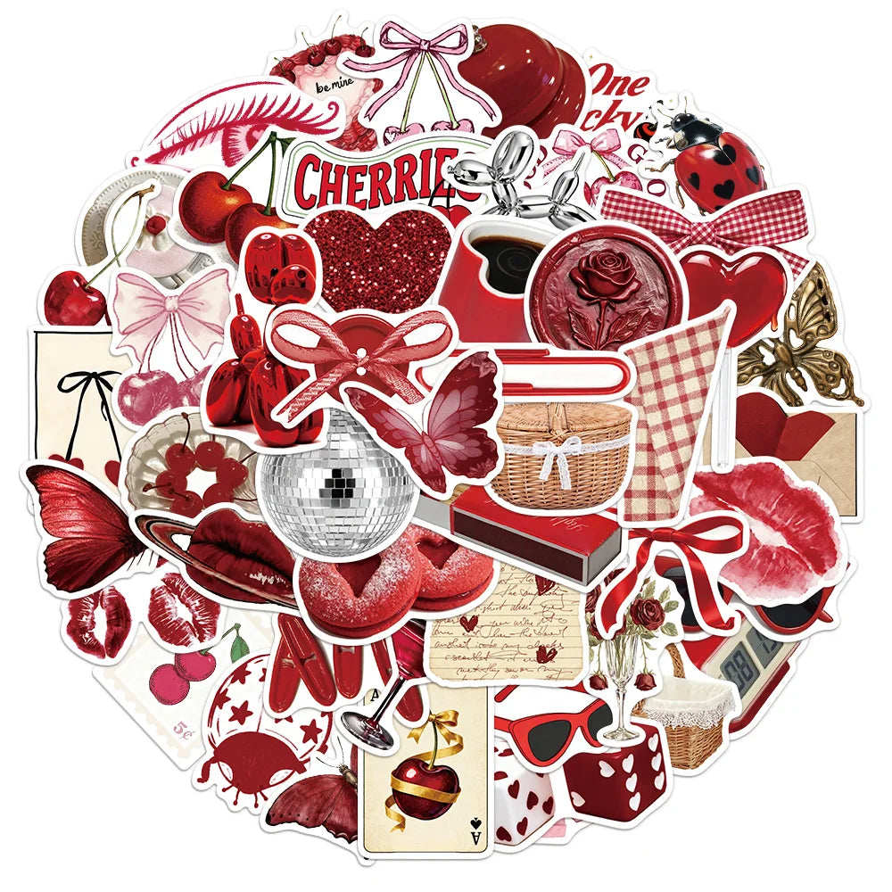 50PCS Cherry Colored Girl Decorative Stickers DIY Scrapbook Phone Case Laptop Tablet Toy Decorative Stickers