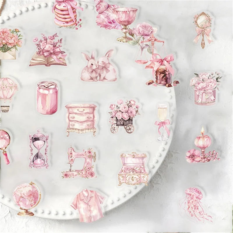 50PCS Cartoon Pink PET Sticky Sticker Aesthetic Korean Stationery DIY Decoration Scrapbooking School Supplies for Kids