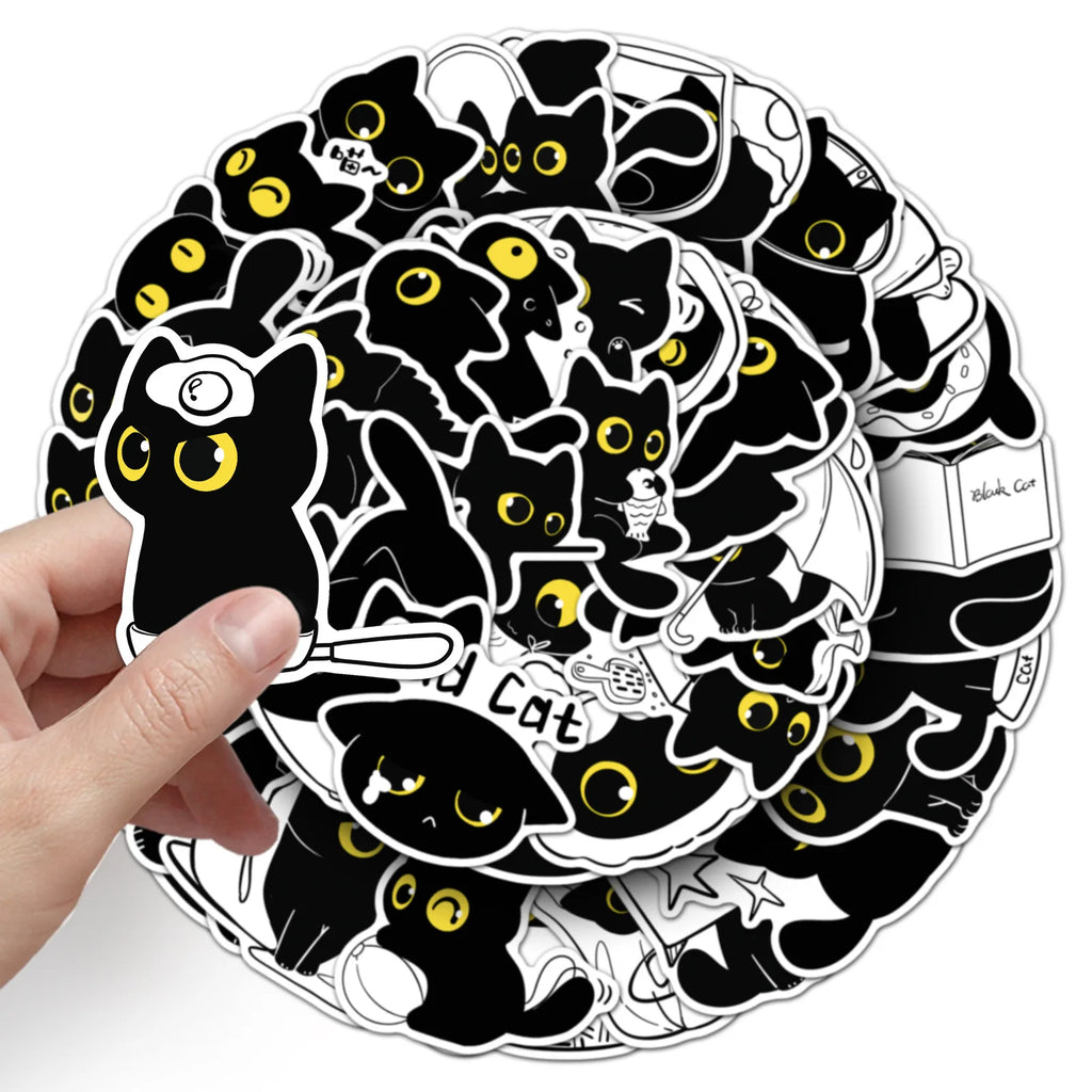 50/100PCS Cartoon Black Cat Daily Stickers Cartoon Cute Hand drawn Animal Creative Water Cup Ohone Stickers