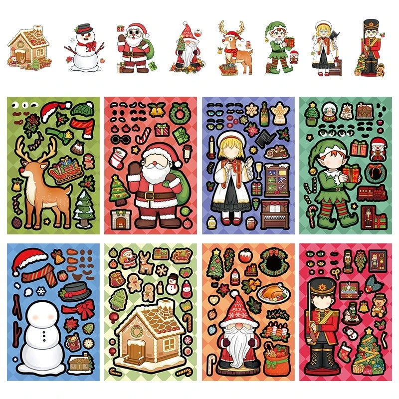 8/16/24PCS Cartoon Christmas Elk Santa Claus Stickers DIY Toy Puzzle Make a Face Graffiti Waterproof Stickers