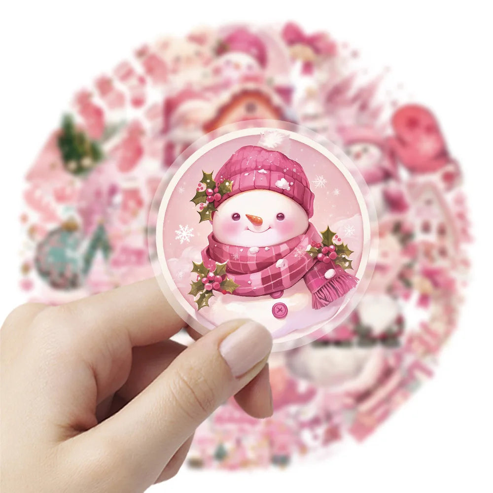 50PCS Transparent Plastic PET Pink Christmas Stickers Santa Claus Holiday Stationery Pen Holder Children's Reward Decor Stickers