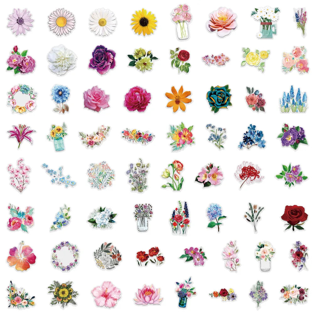 63/126PCS Transparent PET Flower Personalized Graffiti Stickers for Luggage, Water Cups, Scooter Stickers