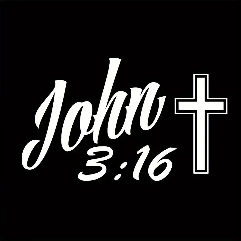 John 3:16 Bible Verse Car Window Decal - Black Cross & White Cursive Script Vinyl Sticker, Weather-Resistant PVC, Self-Adhesive