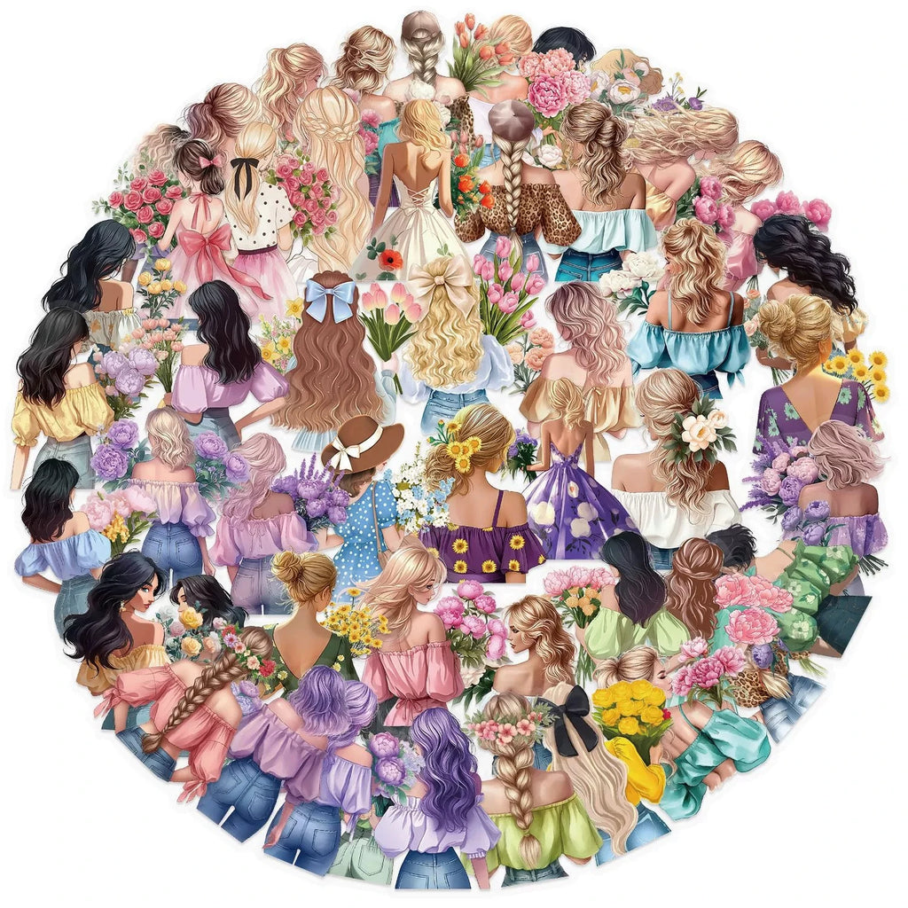 50/100PCS Colorful Flower Girl Sticker Pack Waterproof Transparent PET Decorative Guitar Notebook