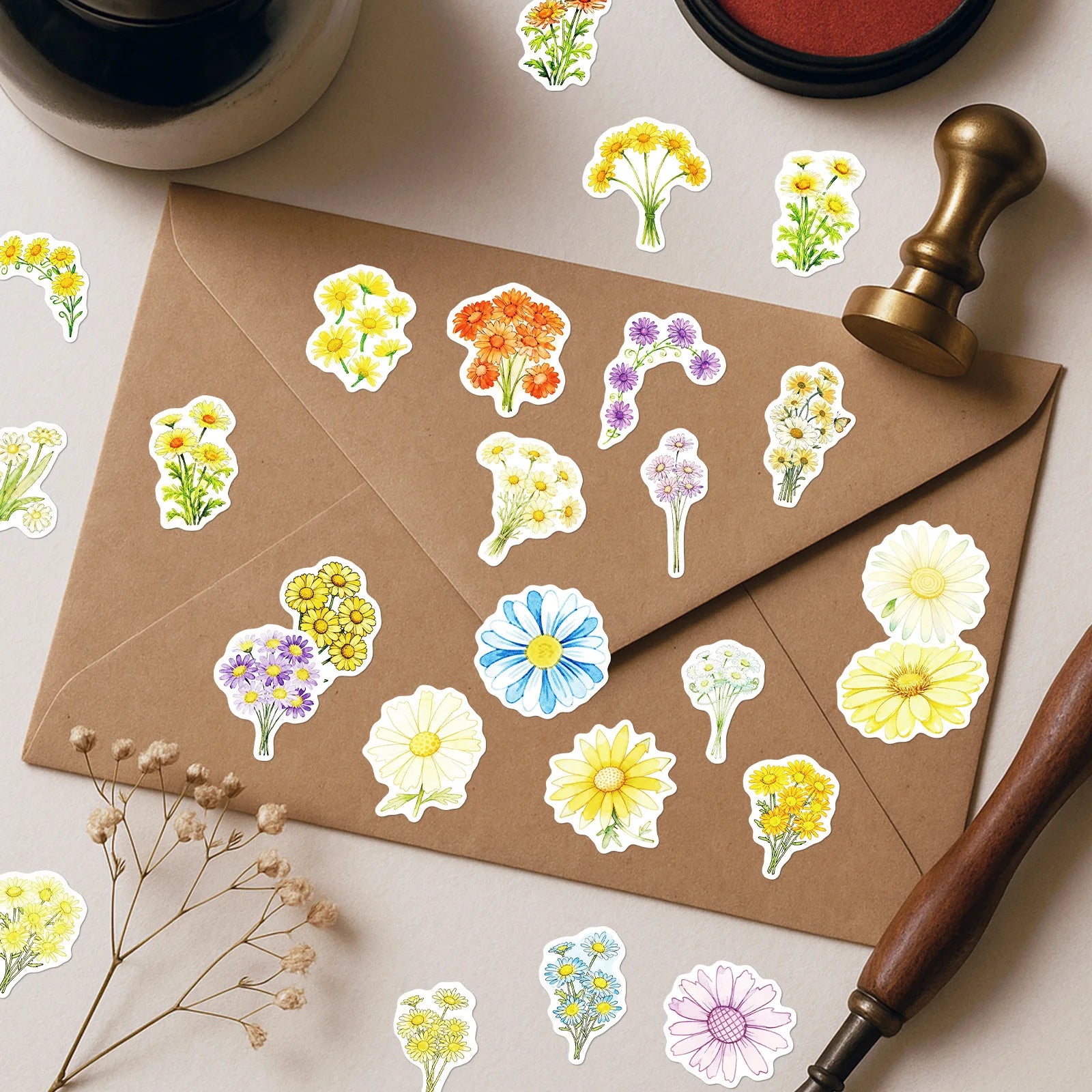 50PCS Colorful Daisy Themed Easy-Tear Stickers for Office Stationery Student Supplies Decorative Notebook Phone Helmet Decals
