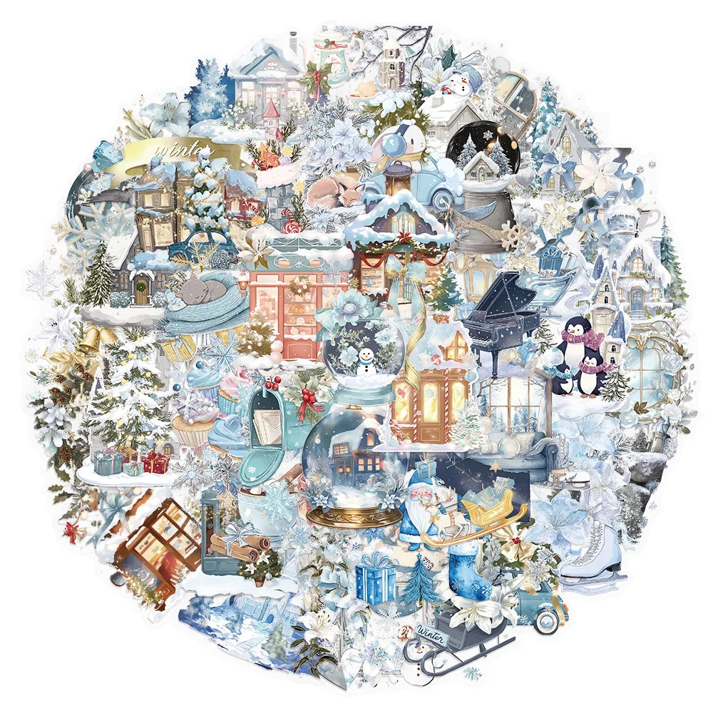 50PCS Winter Exquisite Watercolor Creative Sticker Pack DIY Scrapbook Phone Case Laptop Tablet Decoration PET Stickers