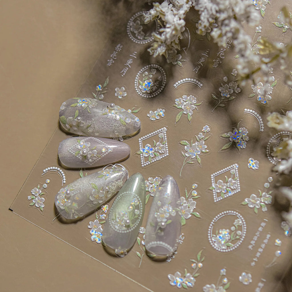 Classic White Flowers Nail Charms Stickers 5D Embossed Pearls Flowers Ribbon Design Nail Art Stickers DIY 3D Manicure Decoration