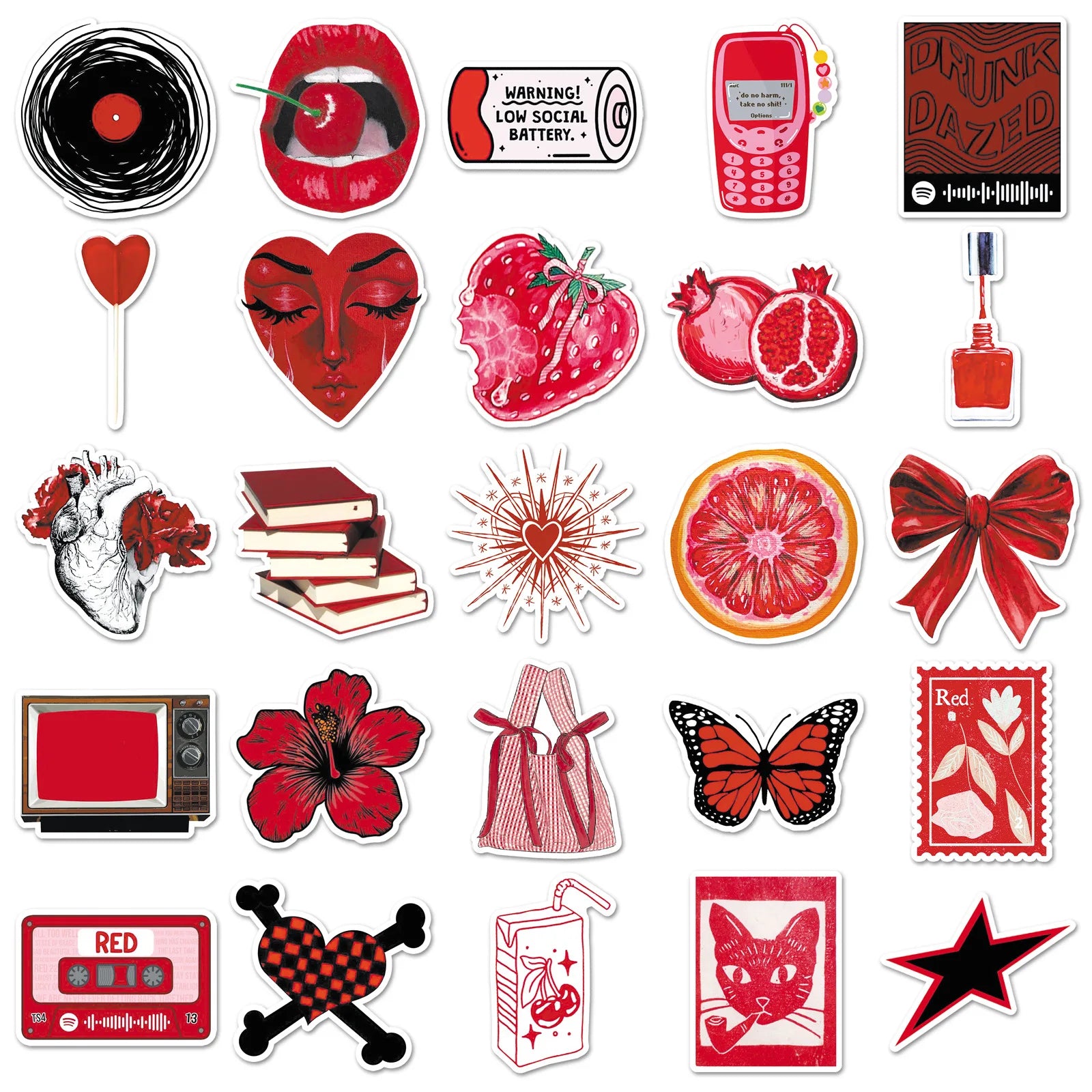 50-Pack Y2K Red Graffiti Stickers Waterproof DIY Decorations for Luggage Helmets Guitar Cool Trendy Street Art Decals