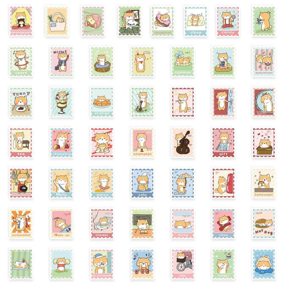 50PCS Hot Dog Firewood Stamp Cute Stickers Animal Stickers DIY Luggage Manual Phone Case Notebook Envelope Label Stickers