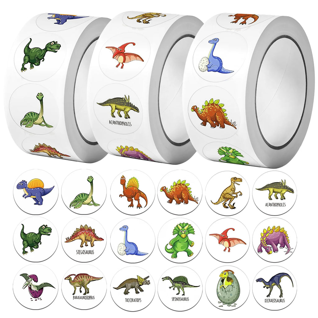1Roll(500pcs) 1'' Round Cartoon Dinosaurs Stickers for Kids Teacher Reward School Supplies Animal Incentive Home Decor