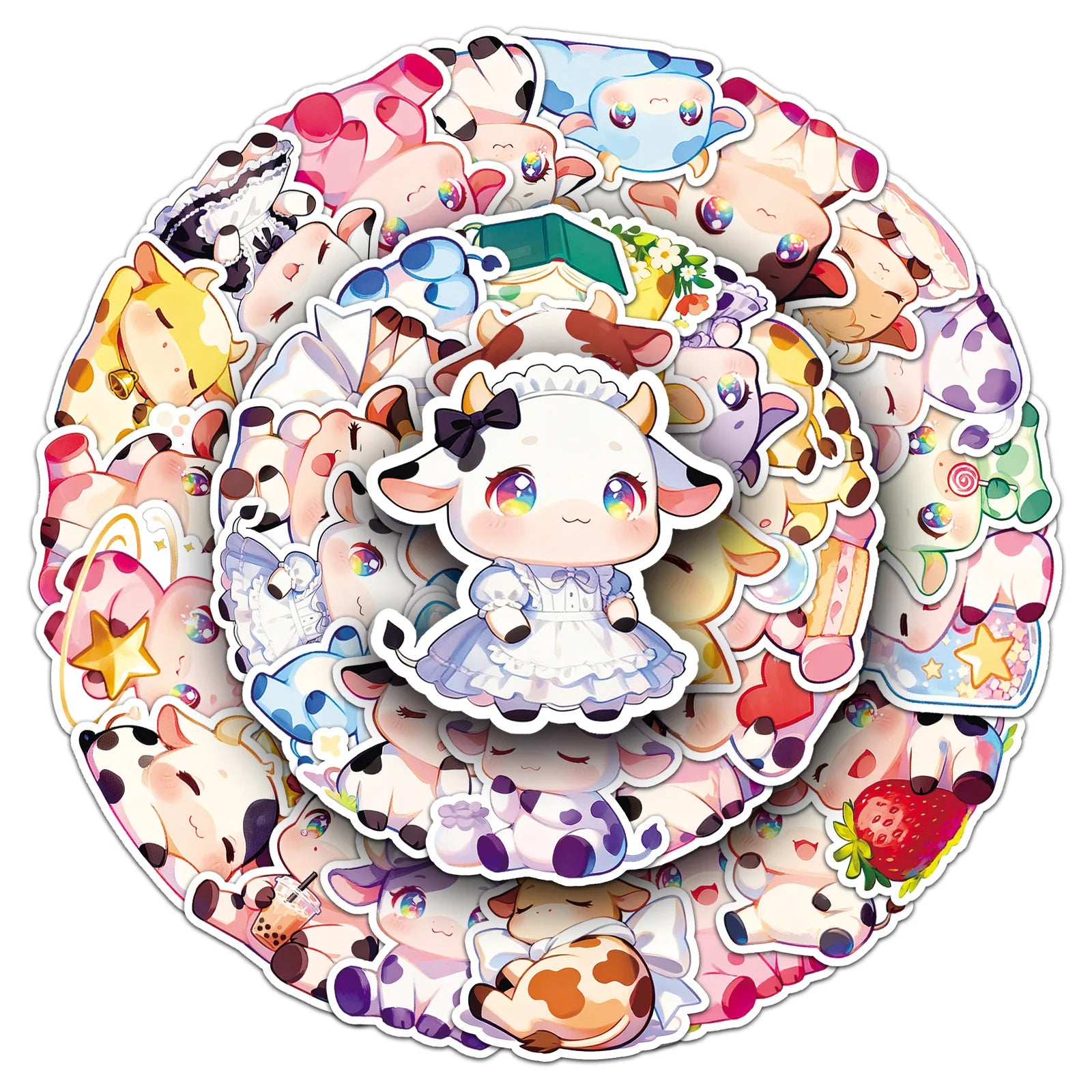 50-Pack Cute Colorful Cow Cartoon Animal Sticker Waterproof DIY Decor Stickers for Phone Case Insulated Mug Student Stationery