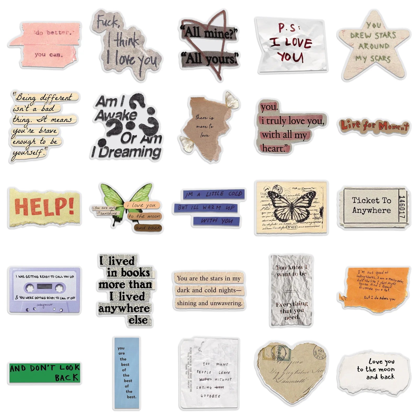 50-Pack English Fragment Stickers Waterproof Transparent PET Decor Stickers for Phone Laptop Fridge Student Stationery Notebook