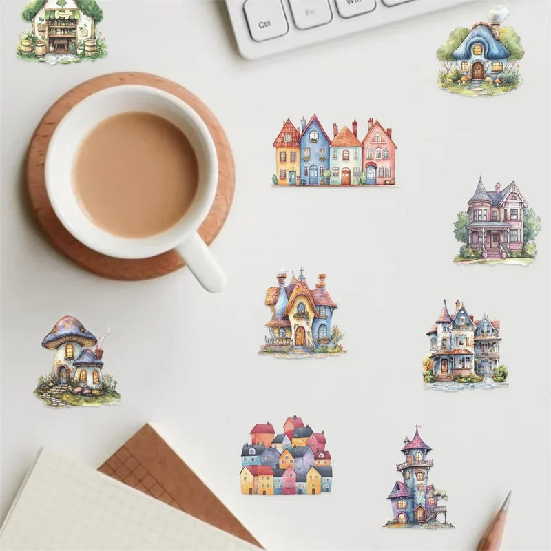 50PCS Kawaii Fairy Tale Castle PET Sticky Sticker Aesthetic Tear Open DIY Decoration Scrapbooking School Stationery Supplies