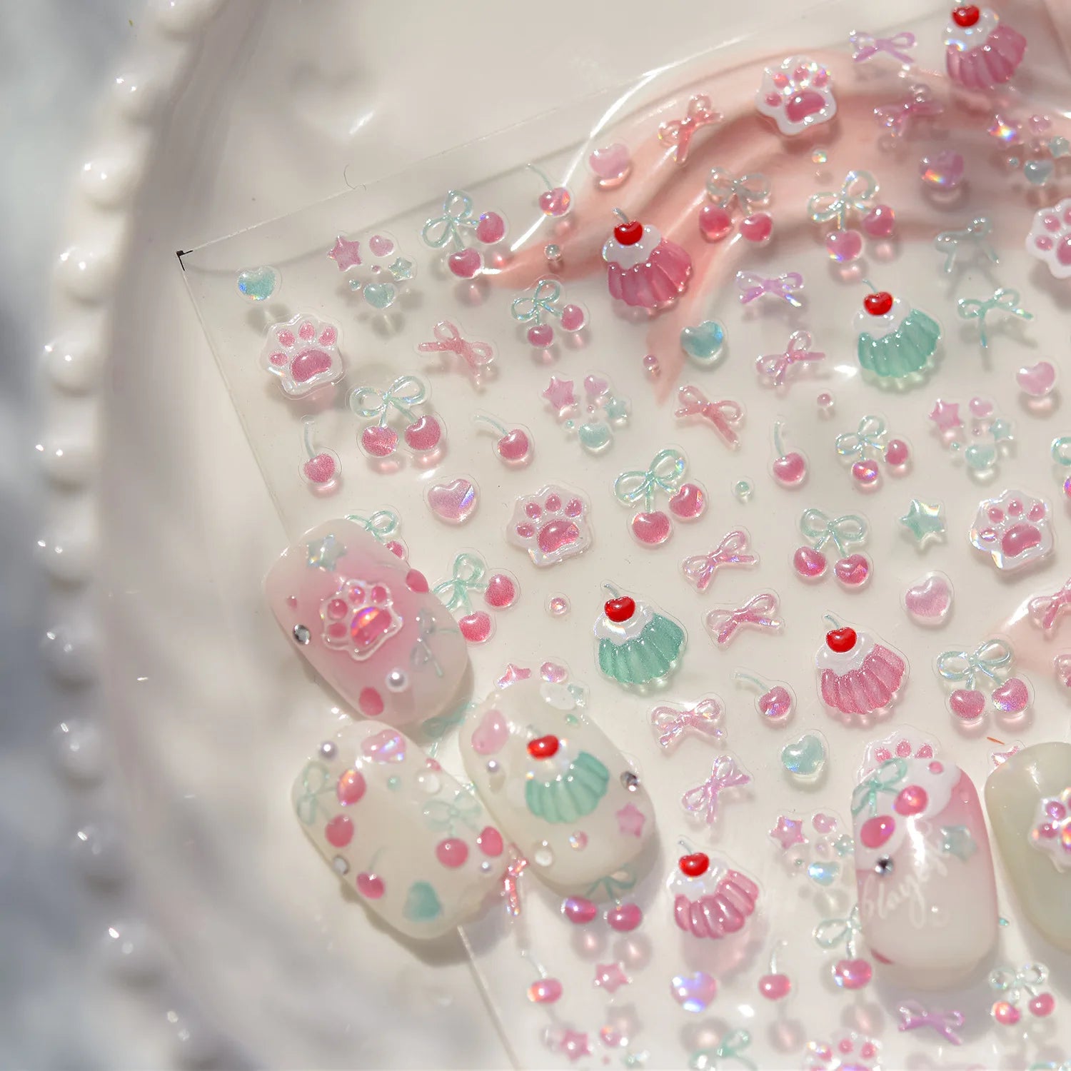 1pcs Cute 5D Jelly Nail Stickers Dessert Fruit Cherry Pink Claw Print Bowknot Love Nail Art Sticker Adhesive Manicure Decals DIY