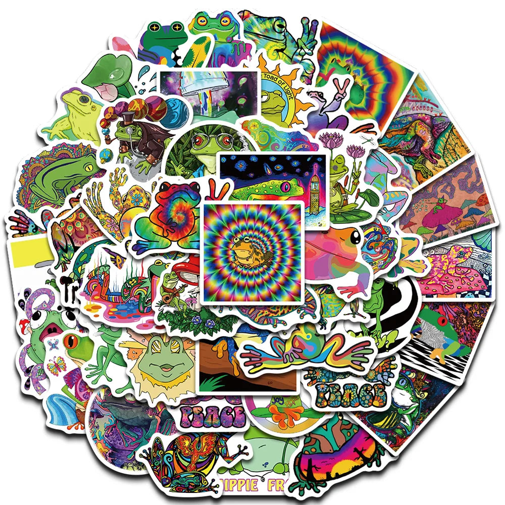 50PCS Psychedelic Frog Stickers Cute Nostalgia Golden Laptop Luggage Home Decoration Harvest Graffiti Diary Packaging Decals