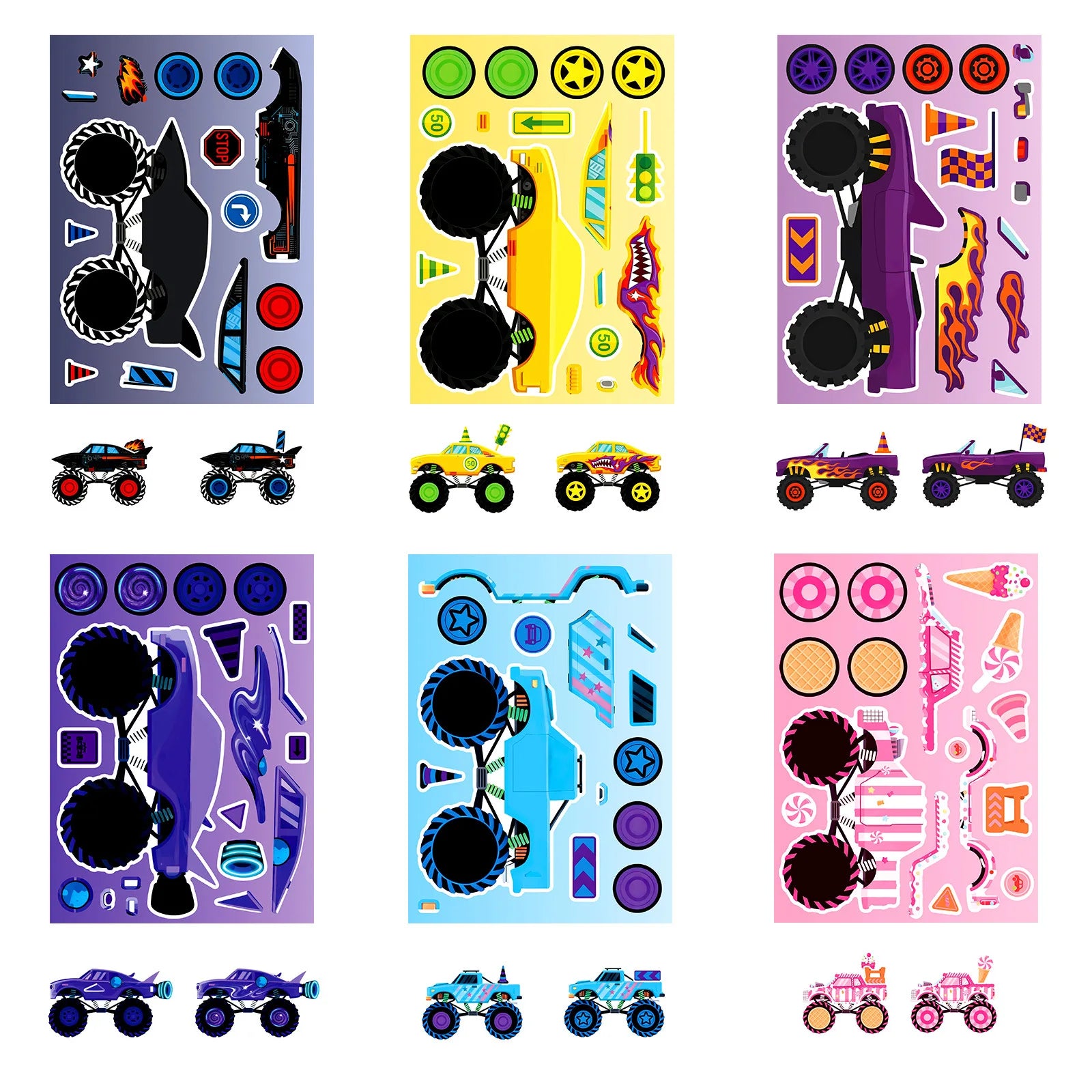 6/12/18Pcs Monster Racing Puzzle Stickers, Funny DIY Decals for Stationery Laptop Fridge Car Helmet Suitcase Decor