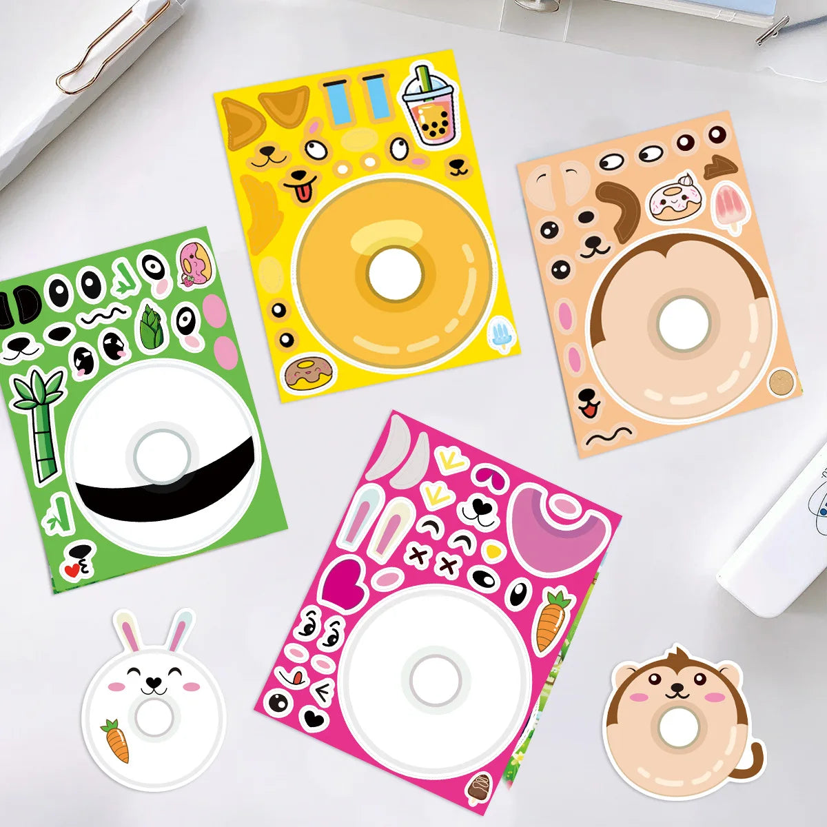 8/16/24Pcs Cartoon Animal Donut Make A Face Puzzle Stickers Stationery Decals Notebook Phone Laptop Fridge Luggage Sticker