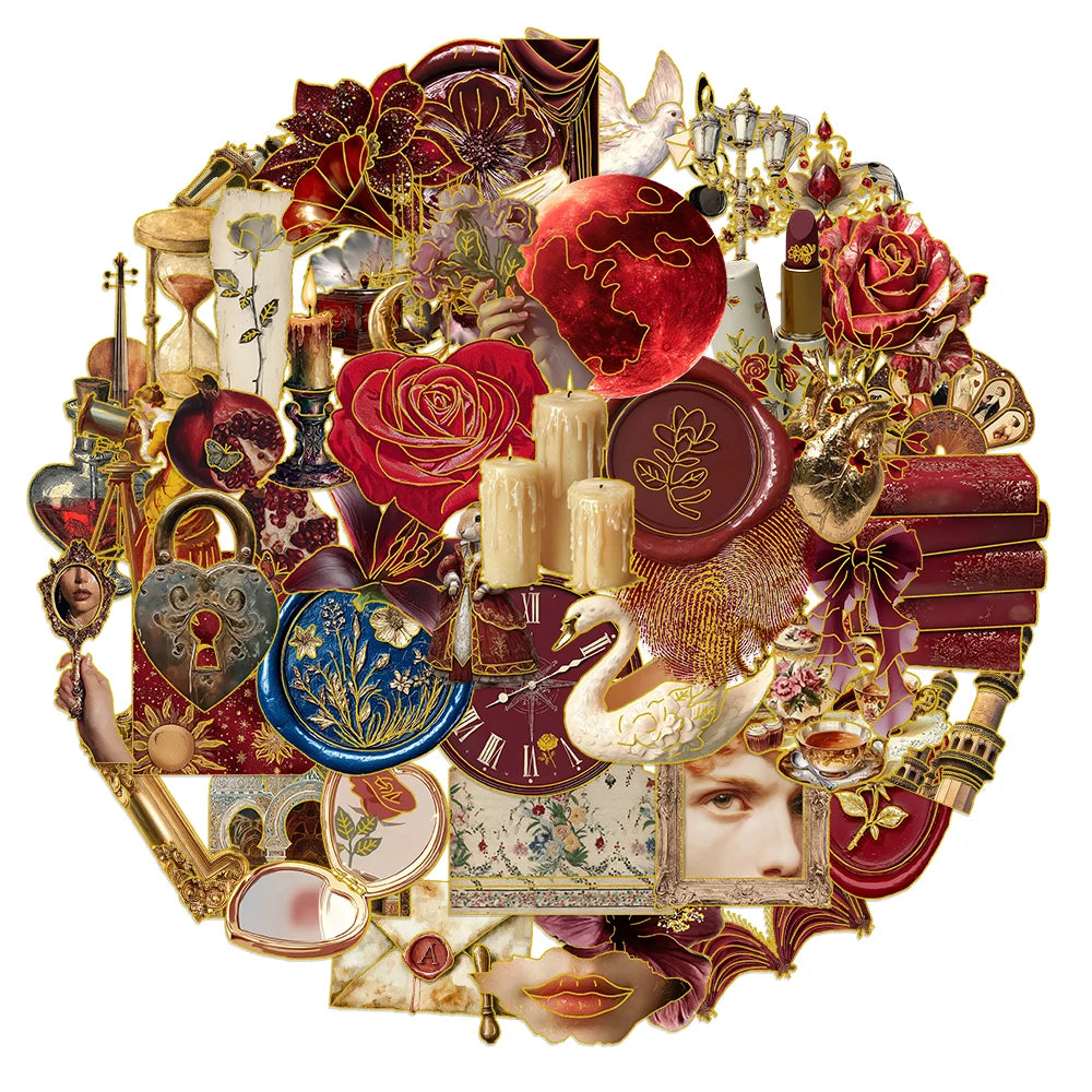 50PCS Retro European Court Style Red Gold Decorative Stickers Computer Scrapbook Refrigerator Phone Case Decorative Stickers