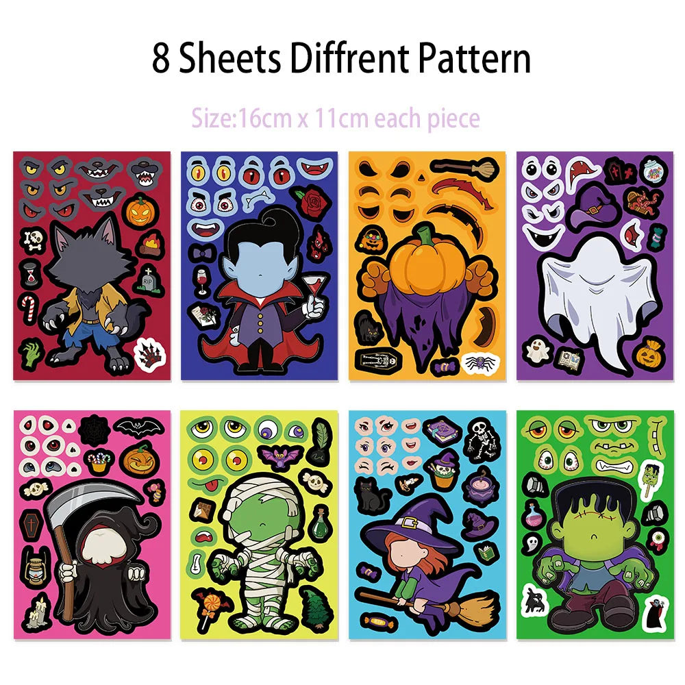 8PCS Halloween Face Changing Fun Ghost Graffiti Sticker Toys DIY Manual Luggage Motorcycle Laptop Luggage Stickers
