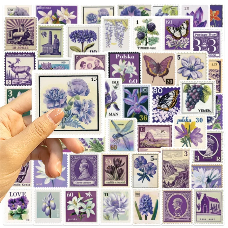 10/30/50PCS Vintage Purple Stamps PVC Sticky Sticker Aesthetic DIY Children's Decoration Scrapbooking School Supplies
