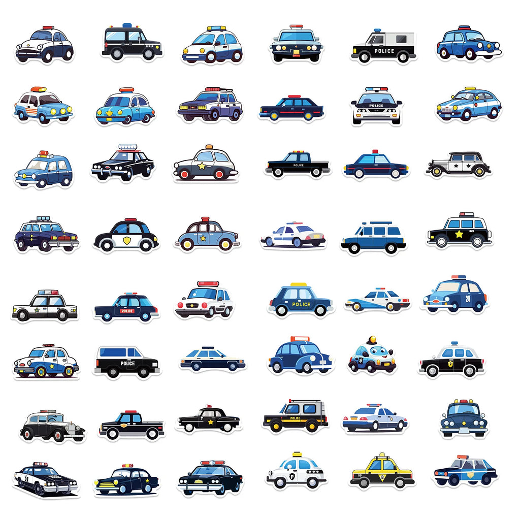 50 Pcs Cartoon Police Car Stickers, Mobile Phone Water Cup Computer Decoration Stickers, Laptop hand account waterproof stickers