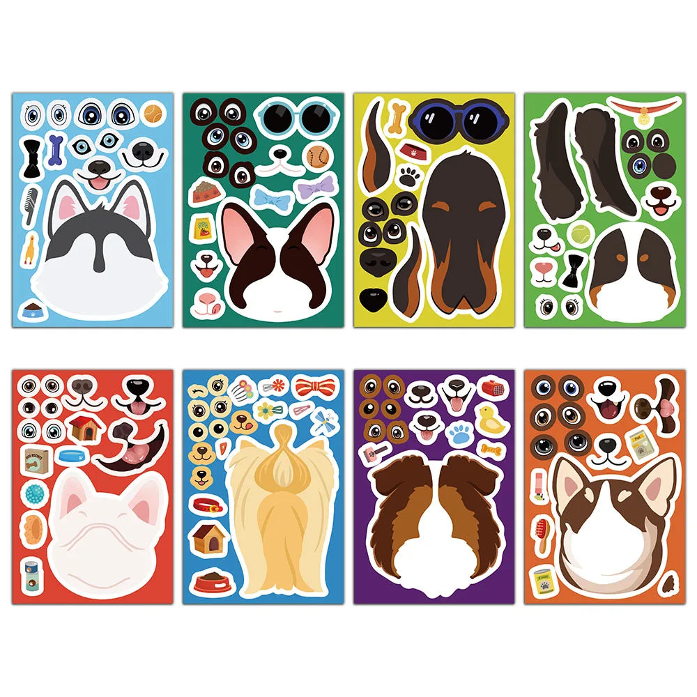 8PCS Dog Cartoon Face Changing Fun Puzzle Stickers DIY Handmade Clip Box Suitable for Tablet Speakers Puzzle Toy Stickers