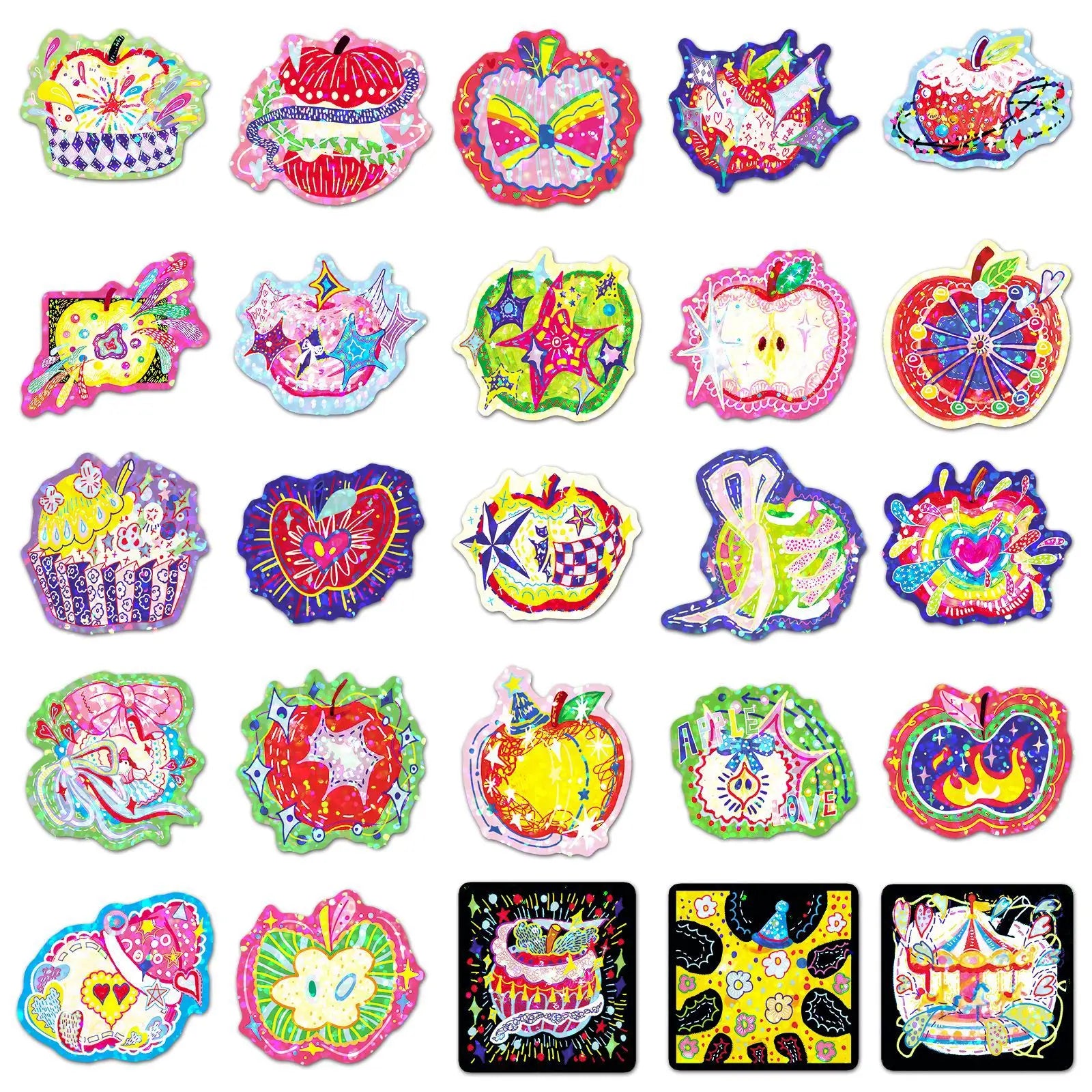 50-Pack Sparkling Laser Cutout Apple Stickers Colorful Creative Waterproof Decoration for Phones Computers Student Stationery