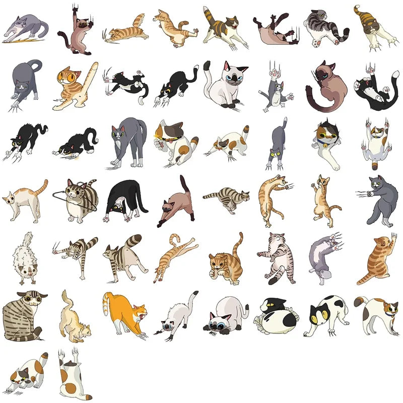 50PCS Cartoon Fierce Cat PET Sticky Sticker Aesthetic Tear Open DIY Decoration Scrapbooking Sketchbook Supplies for Kids