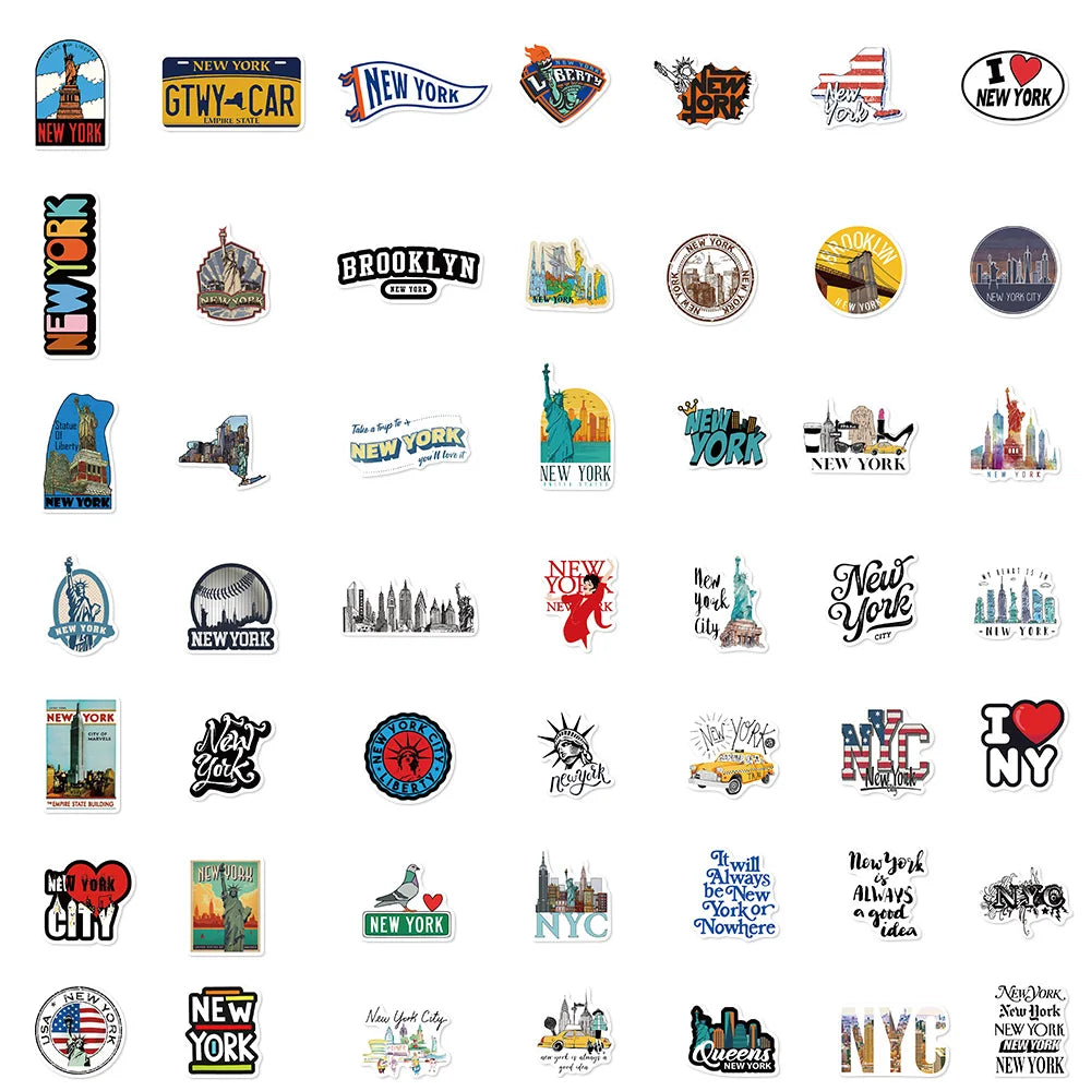 50PCS Cartoon New York Stickers Adhesive DIY Guitar Laptop Luggage Skateboard Living Graffiti DIY Lover Calender Phone Sticker