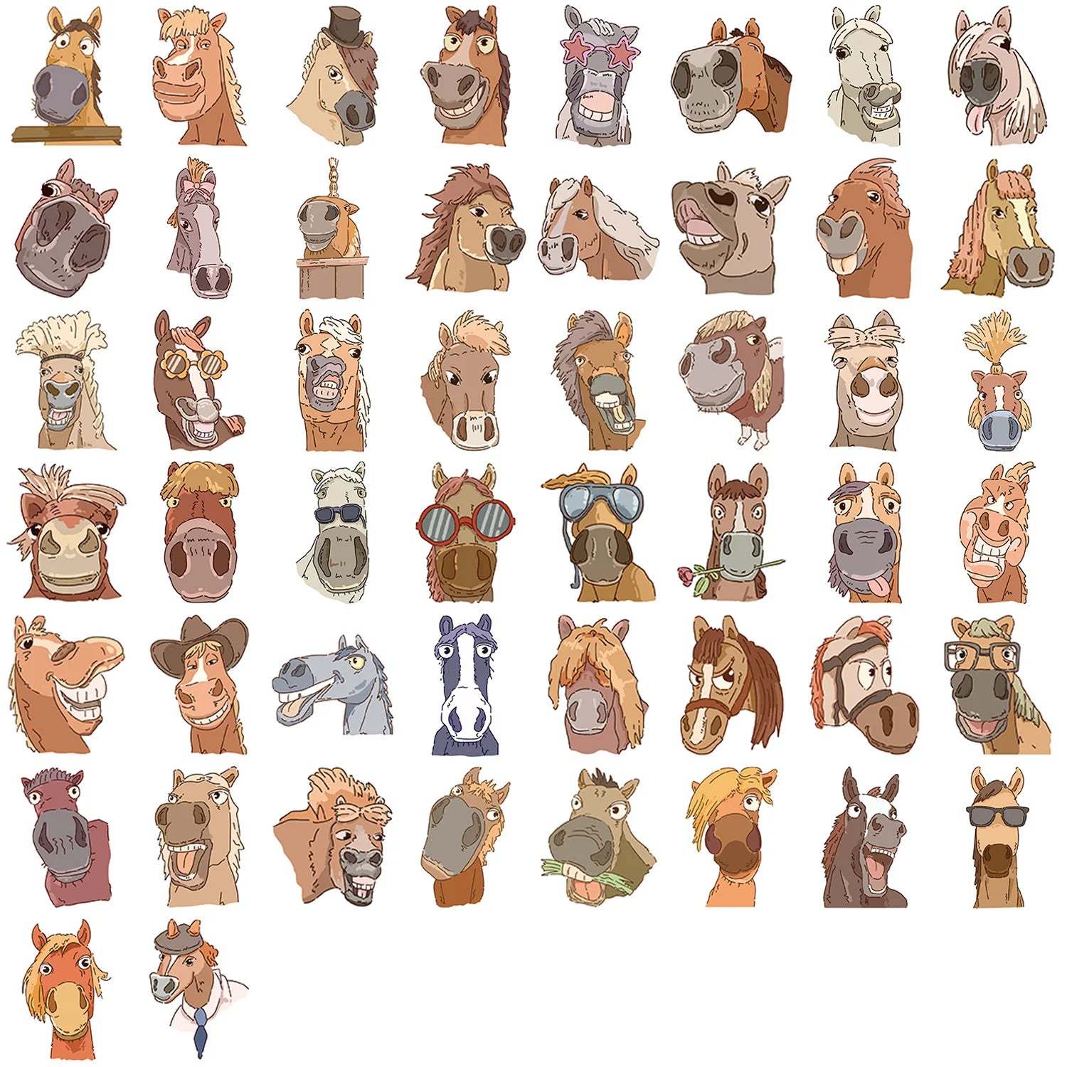 50PCS Cartoon Horse Fun Expressions Graffiti Stickers Decoration Guitar Notebook Luggage DIY Waterproof Stickers