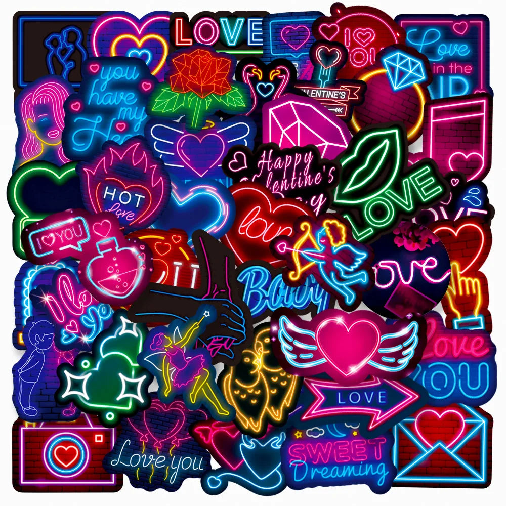 50-Pack Neon Valentine Graffiti Stickers Waterproof for Luggage Notebooks Electric Bicycles Skateboards Mobile Phones Stationery
