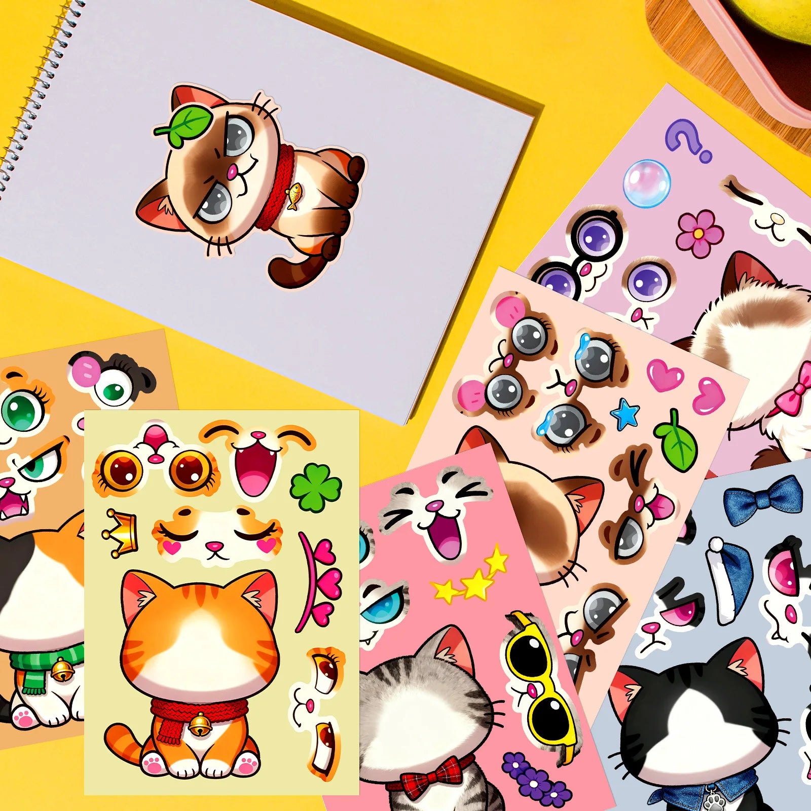 6/12 Pcs Large Cartoon Cat Full Body Make A Face Puzzle Stickers DIY Brain Game for Fridge Stationery Box Notebook Guitar Desk