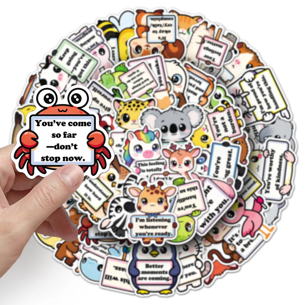 50Pcs Inspirational Phrase Animal Stickers, Cute School Supplies Decals for Notebook Album Cup Phone Fridge DIY Decor