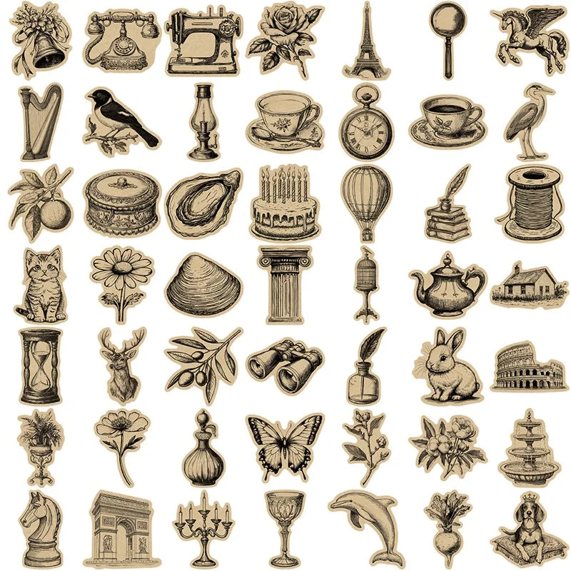 10/30/50PCS Vintage Black Sticky PVC Sticker Aesthetic Stationery DIY Decoration Scrapbooking School Supplies for Kids