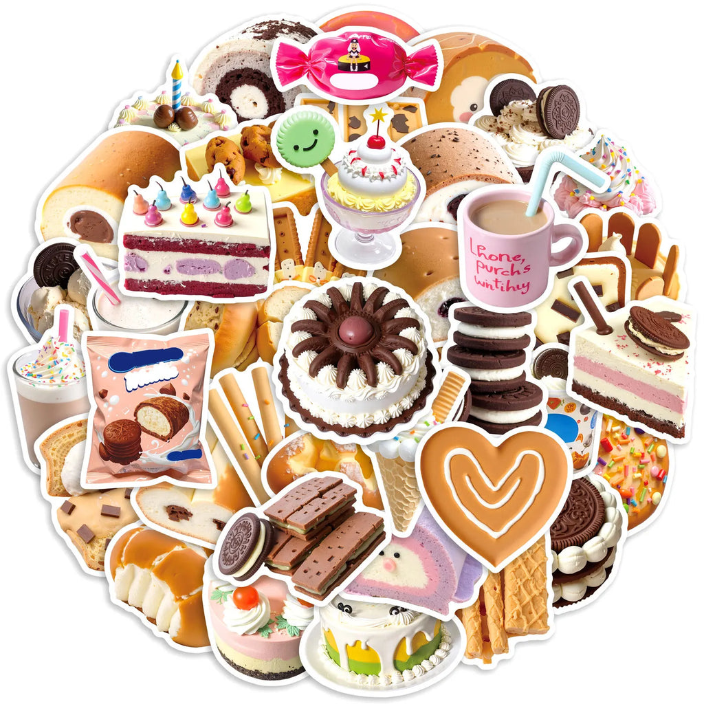 50-Pack Ins Style Food Dessert Waterproof DIY Graffiti Stickers for Desktop Water Cup Notebook Phone Tablet Luggage Decoration