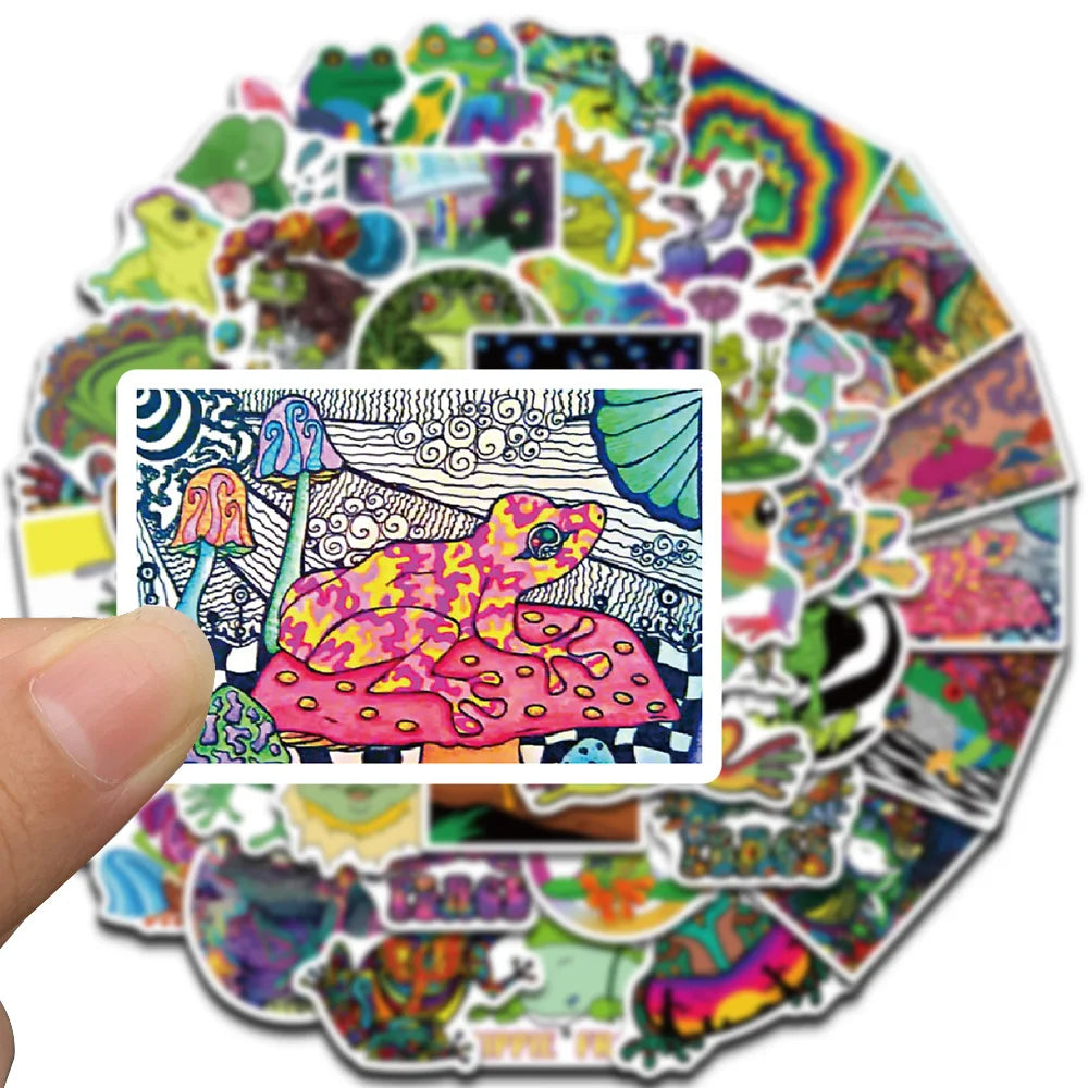 50PCS Psychedelic Frog Stickers Cute Nostalgia Golden Laptop Luggage Home Decoration Harvest Graffiti Diary Packaging Decals