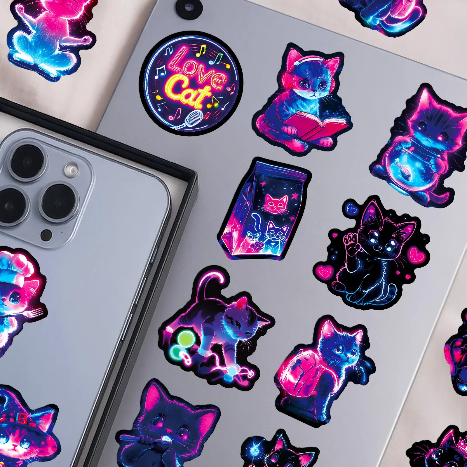 56PCS Neon Cat Graffiti Stickers Cool Colorful Lights Cartoon Cat Skateboard Decoration Stickers For Stationary Notebook