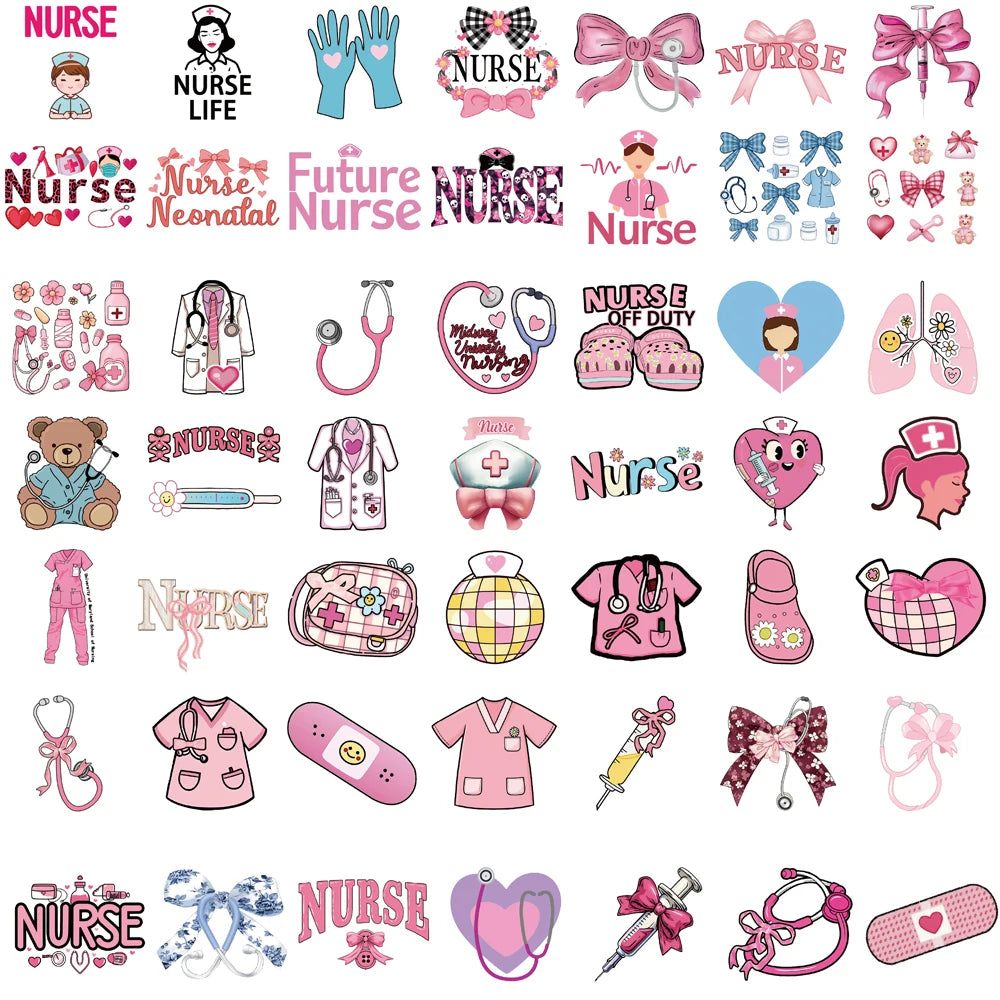 50PCS Pink Bow Nurse Sticker Waterproof Art PVC Gift Phone Cafe Refrigerator Graffiti Living Room Skateboard Decorative