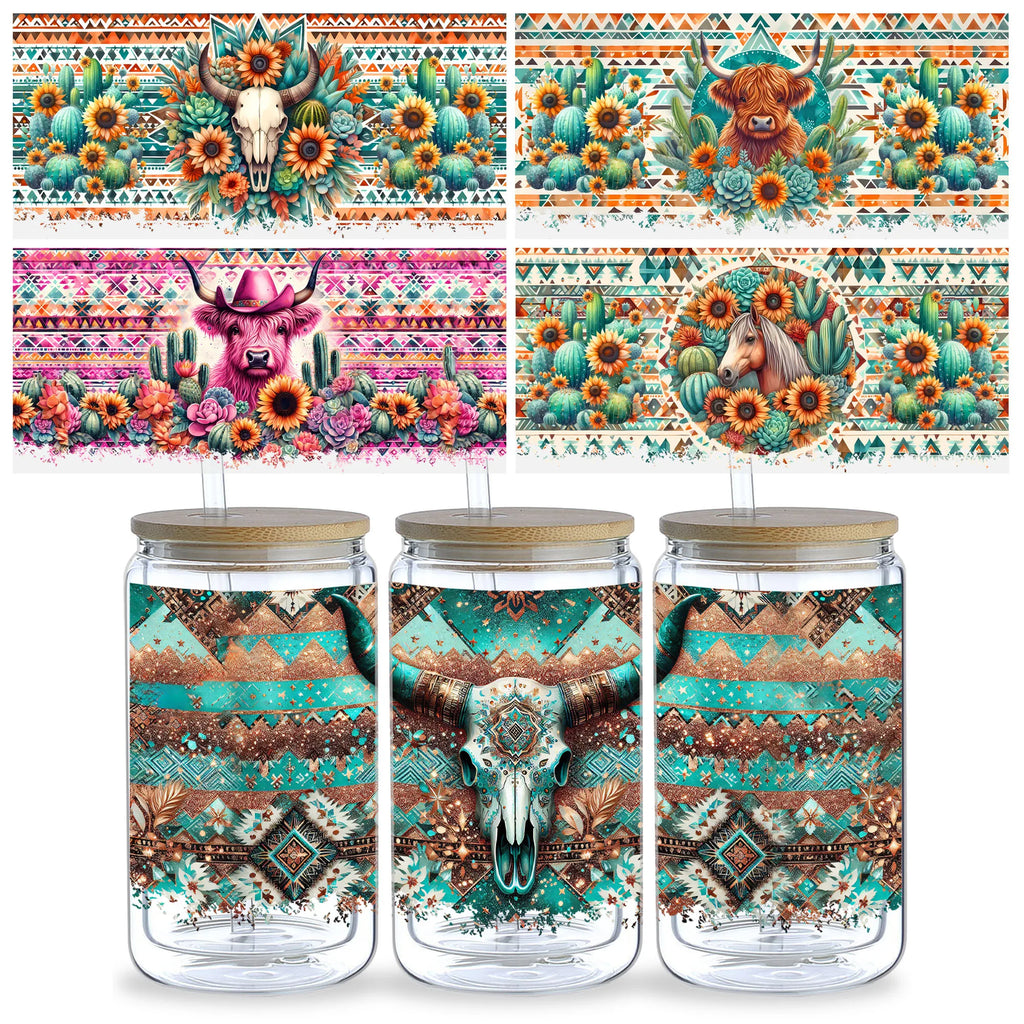 5 Sheets Aztec Animals Western Cactus DTF Cup Stickers, Glass Cup DTF Transfer Stickers, Waterproof Wipeable Transfer Paper