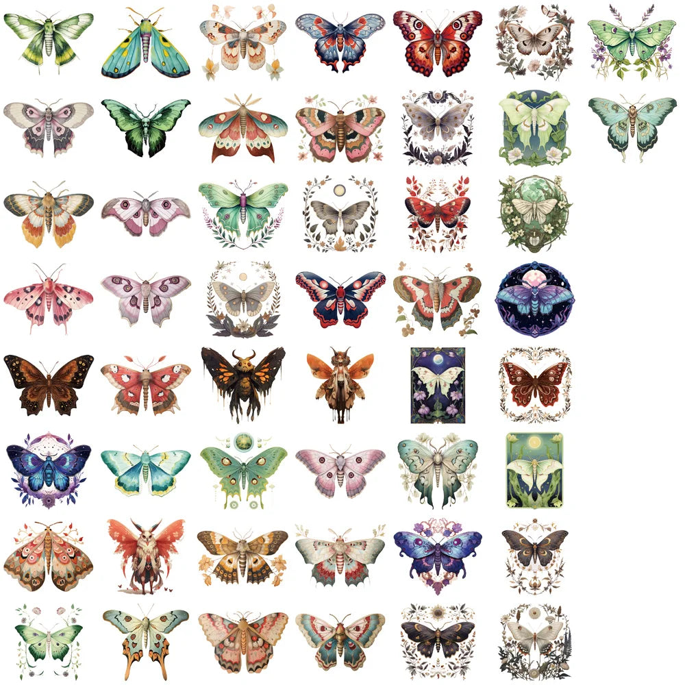 50PCS Colorful Moth With Sharp Edges Stickers Kawaii Cartoon Good Harvest Photocard Graffiti Waterproof Scrapbook Diary Sticker