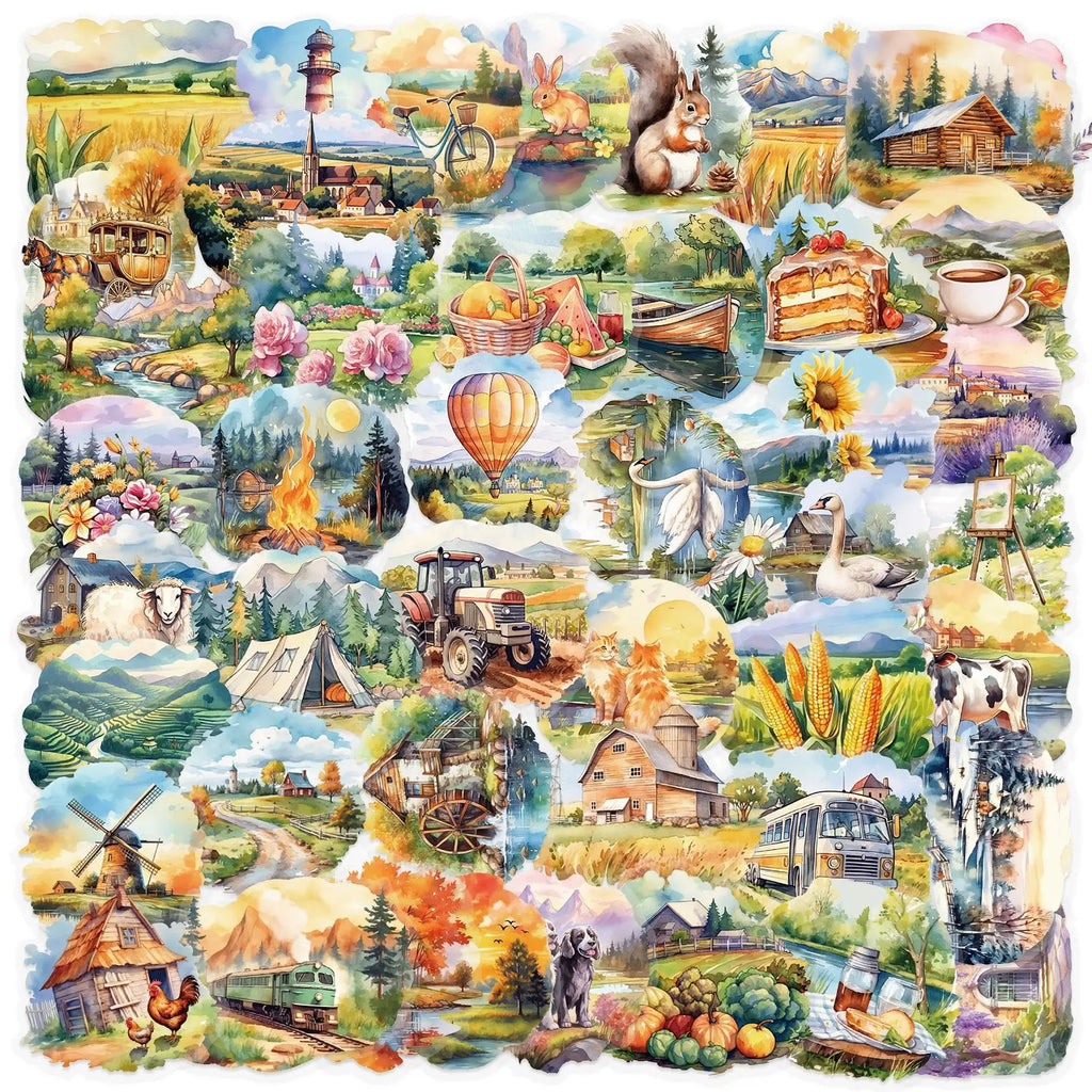 50PCS Rural Scenery Sticker Decoration Scrapbooking PET Sticker Aesthetic Korean Stationery School Supplies