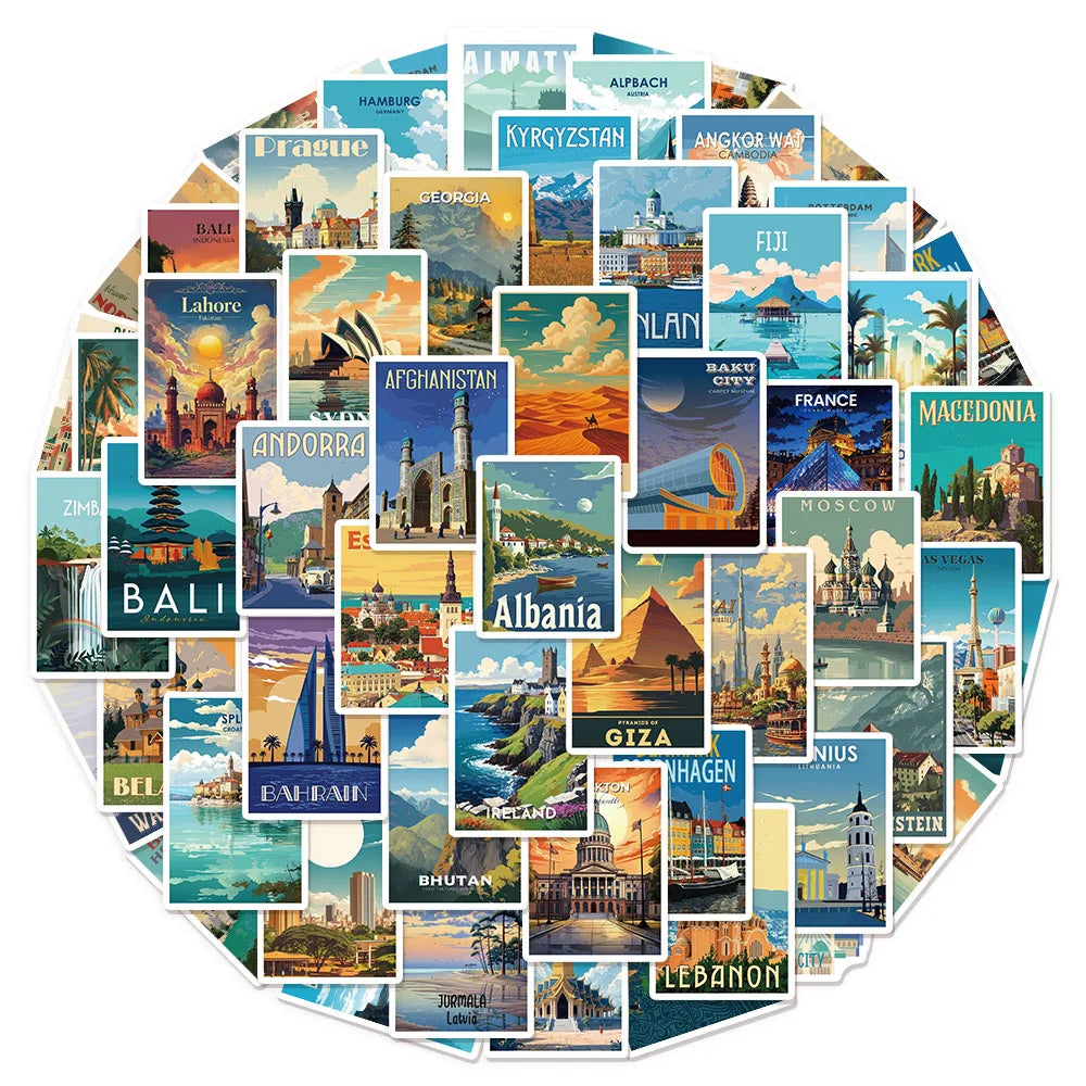 50/100PCS National Landmark Fun Stickers Manual Tags Luggage Guitar Laptop Decoration Waterproof Stickers