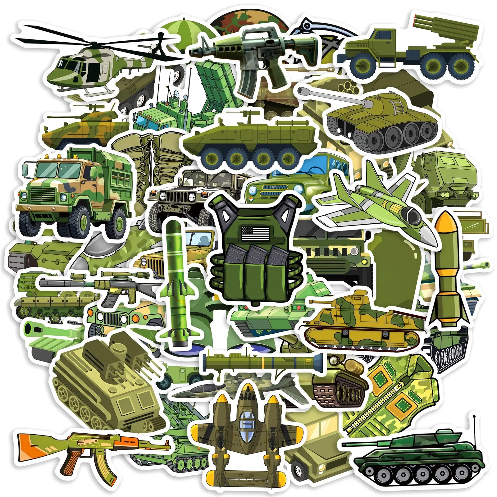 50-Pack Military Tank Missile Helicopter Decals Camouflage Gear Waterproof Stickers for Water Bottles Skateboards Guitars Helmet
