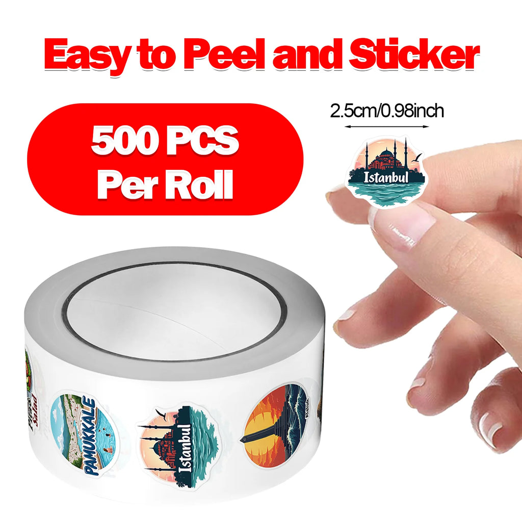 1Roll(500Pcs) Country where Europe meets Asia Turkey Cities Stickers 2.5cm/1.0'' 10 Designs Decals Diy Adorn Gifts Home Decor