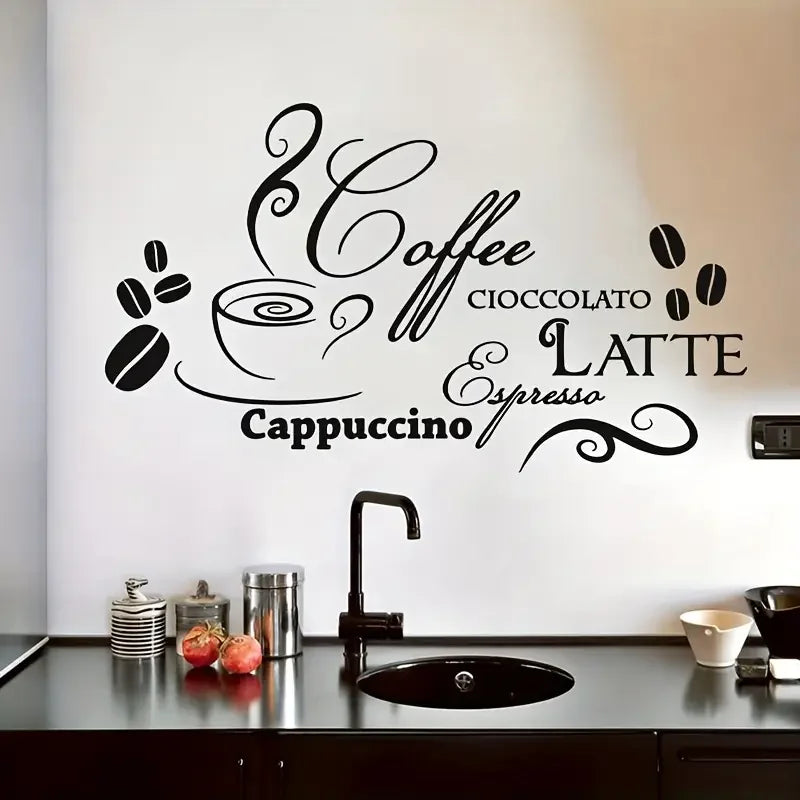 A Removable Self-Adhesive Wall Sticker Featuring Cartoon Coffee And Hot Drink Names, Suitable for Decorating Cafes, Lounges, Liv