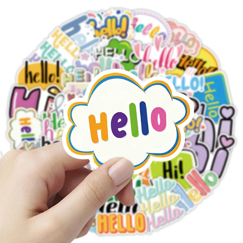 50-Pack Cartoon Greeting Hello Sticker Waterproof Decor for Phone Tablet Guitar Notebook Luggage Durable Cartoon Hello Stickers