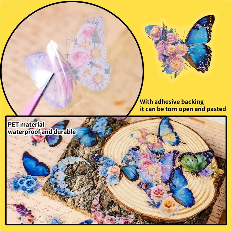 56PCS Cartoon Blue Butterfly PET Sticky Sticker Aesthetic Tear Open DIY Decoration Scrapbooking Sketchbook Supplies for Kids