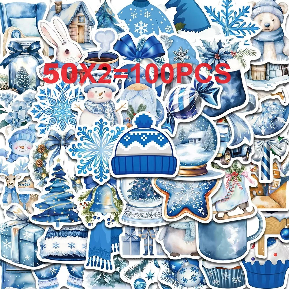 50/100PCS Blue Winter Stickers Scrapbooking Laptop Graffiti Room Community Diary Y2k Fashion Phone Fun Christmas Sticker
